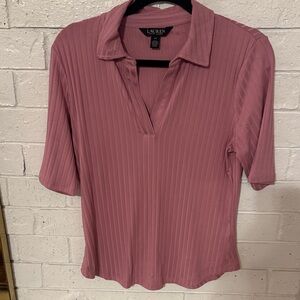 Lauren Ralph Lauren Dusty Rose Ribbed Collared V-Neck Tunic